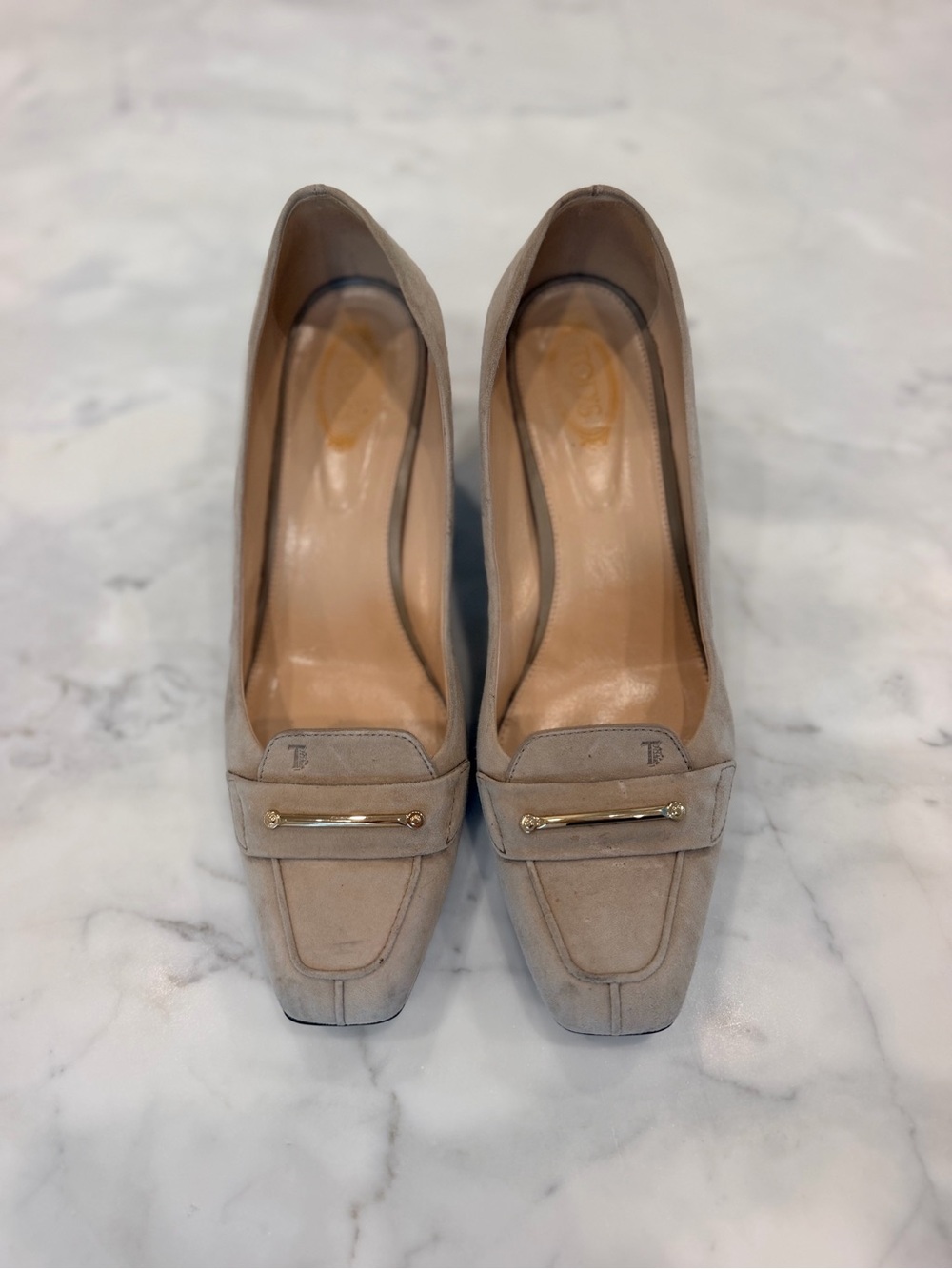 Tod's Beige Suede Square-Toe Loafers with Gold Accent
